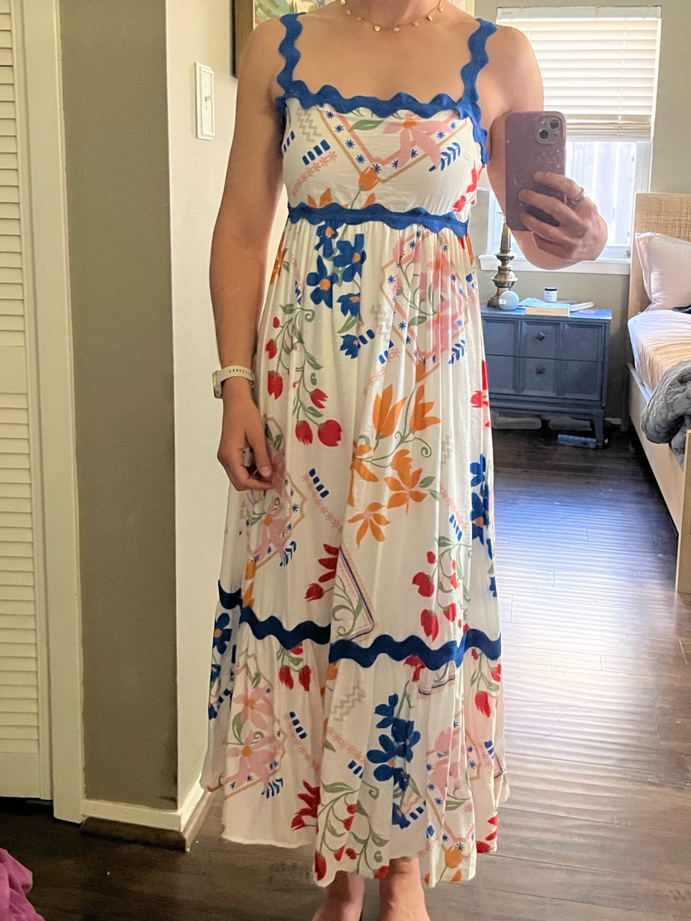 Blu Pepper White Floral Maxi Dress with Blue Trim